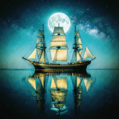 a clipper ship on a mirror-flat sea under the full moon, cross-processed film style, FLUX.2