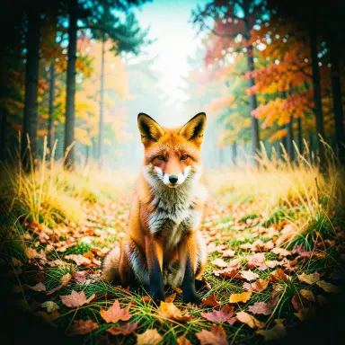 a red fox sitting in an autumn clearing, cross-processed film style, FLUX.2