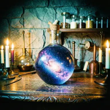 a galaxy swirling inside a glass flask in an alchemist's laboratory, cross-processed film style, FLUX.2