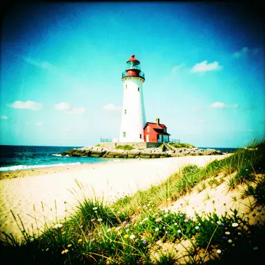 a lighthouse on a rocky islet, beach and dunes in front, cross-processed film style, FLUX.2