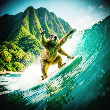 a marmot surfing a big wave, flashing a V sign, cross-processed film style, FLUX.2