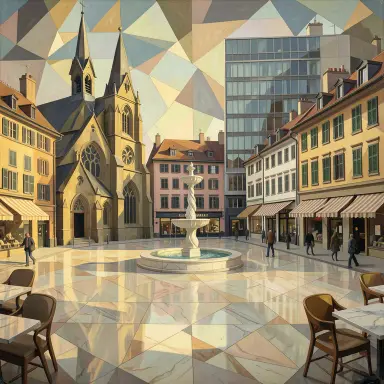 a sunlit city square with a fountain and buildings of different eras, cubism style, FLUX.2