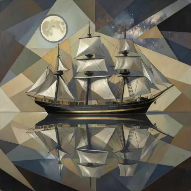 a clipper ship on a mirror-flat sea under the full moon, cubism style, FLUX.2