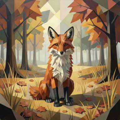 a red fox sitting in an autumn clearing, cubism style, FLUX.2