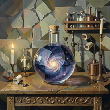 a galaxy swirling inside a glass flask in an alchemist's laboratory, cubism style, FLUX.2