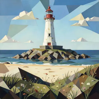 a lighthouse on a rocky islet, beach and dunes in front, cubism style, FLUX.2