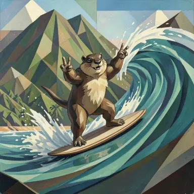 a marmot surfing a big wave, flashing a V sign, cubism style, FLUX.2