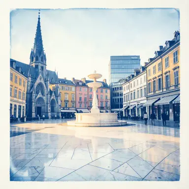 a sunlit city square with a fountain and buildings of different eras, cyanotype style, FLUX.2