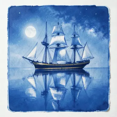 a clipper ship on a mirror-flat sea under the full moon, cyanotype style, FLUX.2