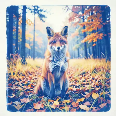 a red fox sitting in an autumn clearing, cyanotype style, FLUX.2
