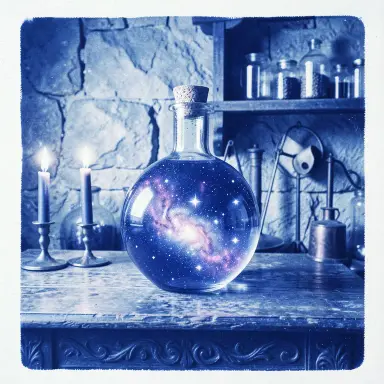 a galaxy swirling inside a glass flask in an alchemist's laboratory, cyanotype style, FLUX.2