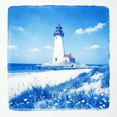 a lighthouse on a rocky islet, beach and dunes in front, cyanotype style, FLUX.2