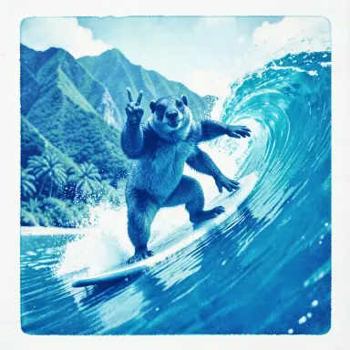 a marmot surfing a big wave, flashing a V sign, cyanotype style, FLUX.2