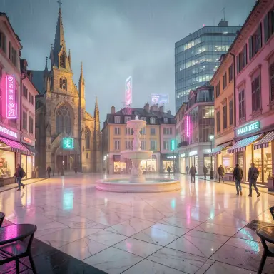 a sunlit city square with a fountain and buildings of different eras, cyberpunk style, FLUX.2