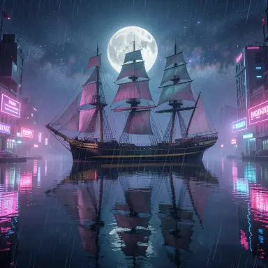 a clipper ship on a mirror-flat sea under the full moon, cyberpunk style, FLUX.2