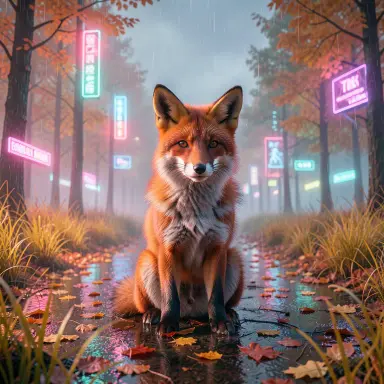 a red fox sitting in an autumn clearing, cyberpunk style, FLUX.2