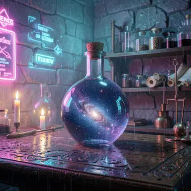 a galaxy swirling inside a glass flask in an alchemist's laboratory, cyberpunk style, FLUX.2