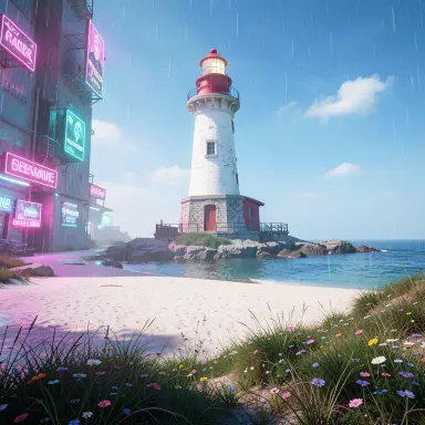 a lighthouse on a rocky islet, beach and dunes in front, cyberpunk style, FLUX.2