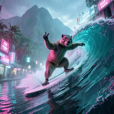 a marmot surfing a big wave, flashing a V sign, cyberpunk style, FLUX.2