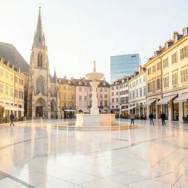 a sunlit city square with a fountain and buildings of different eras, double exposure style, FLUX.2