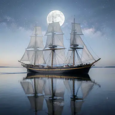 a clipper ship on a mirror-flat sea under the full moon, double exposure style, FLUX.2