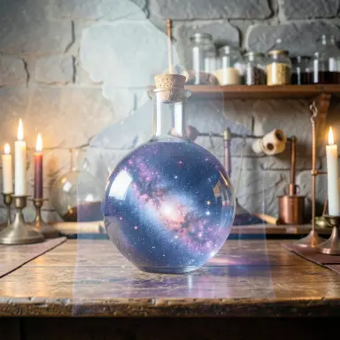 a galaxy swirling inside a glass flask in an alchemist's laboratory, double exposure style, FLUX.2