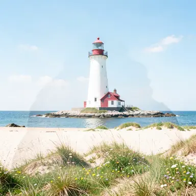 a lighthouse on a rocky islet, beach and dunes in front, double exposure style, FLUX.2