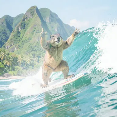 a marmot surfing a big wave, flashing a V sign, double exposure style, FLUX.2
