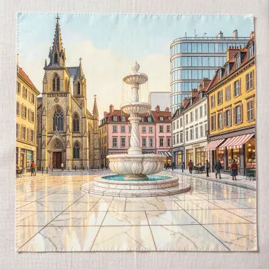 a sunlit city square with a fountain and buildings of different eras, embroidery style, FLUX.2