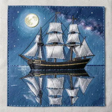 a clipper ship on a mirror-flat sea under the full moon, embroidery style, FLUX.2