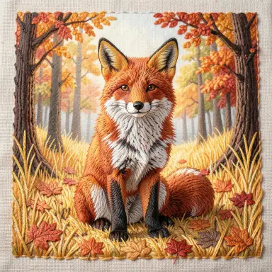 a red fox sitting in an autumn clearing, embroidery style, FLUX.2