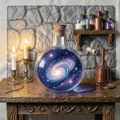 a galaxy swirling inside a glass flask in an alchemist's laboratory, embroidery style, FLUX.2