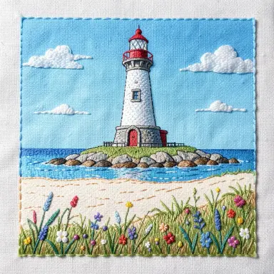 a lighthouse on a rocky islet, beach and dunes in front, embroidery style, FLUX.2
