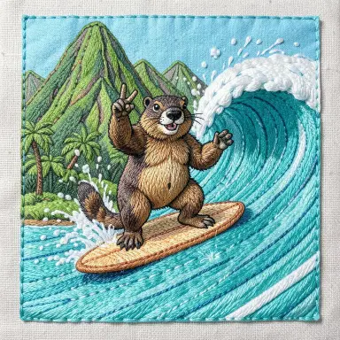 a marmot surfing a big wave, flashing a V sign, embroidery style, FLUX.2
