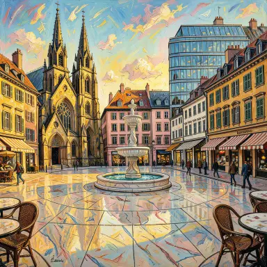a sunlit city square with a fountain and buildings of different eras, expressionism style, FLUX.2