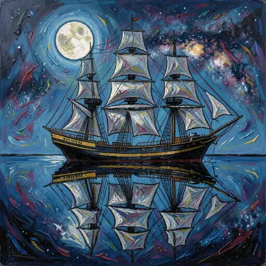 a clipper ship on a mirror-flat sea under the full moon, expressionism style, FLUX.2