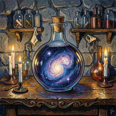 a galaxy swirling inside a glass flask in an alchemist's laboratory, expressionism style, FLUX.2