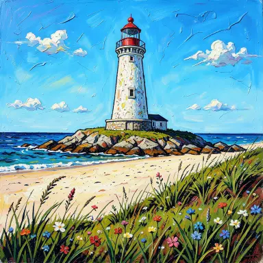 a lighthouse on a rocky islet, beach and dunes in front, expressionism style, FLUX.2
