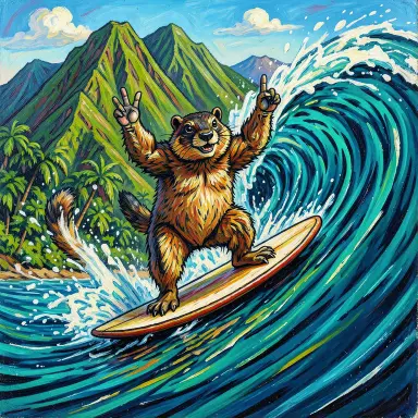 a marmot surfing a big wave, flashing a V sign, expressionism style, FLUX.2