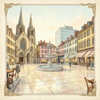 a sunlit city square with a fountain and buildings of different eras, fairy tale illustration style, FLUX.2