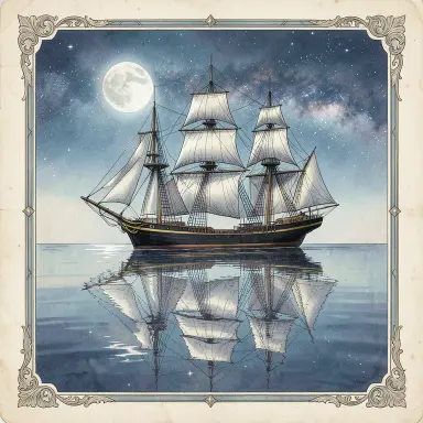 a clipper ship on a mirror-flat sea under the full moon, fairy tale illustration style, FLUX.2