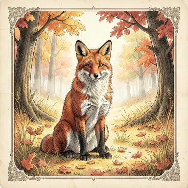 a red fox sitting in an autumn clearing, fairy tale illustration style, FLUX.2