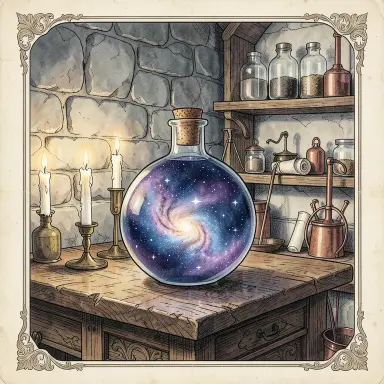 a galaxy swirling inside a glass flask in an alchemist's laboratory, fairy tale illustration style, FLUX.2