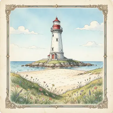 a lighthouse on a rocky islet, beach and dunes in front, fairy tale illustration style, FLUX.2