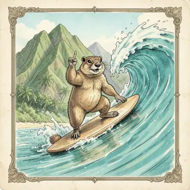 a marmot surfing a big wave, flashing a V sign, fairy tale illustration style, FLUX.2
