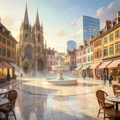 a sunlit city square with a fountain and buildings of different eras, fantasy art style, FLUX.2