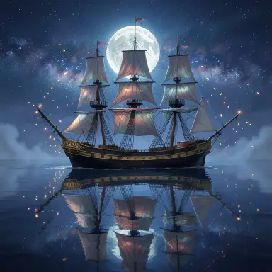 a clipper ship on a mirror-flat sea under the full moon, fantasy art style, FLUX.2