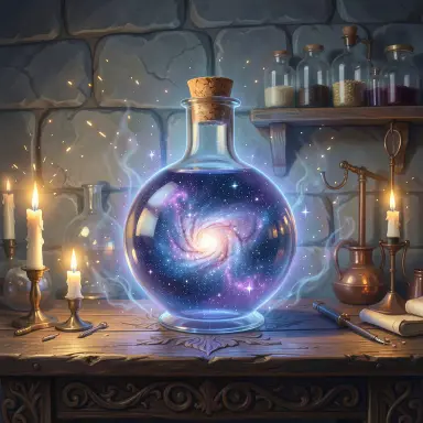 a galaxy swirling inside a glass flask in an alchemist's laboratory, fantasy art style, FLUX.2