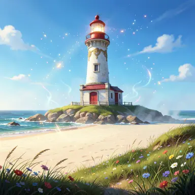 a lighthouse on a rocky islet, beach and dunes in front, fantasy art style, FLUX.2