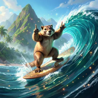 a marmot surfing a big wave, flashing a V sign, fantasy art style, FLUX.2